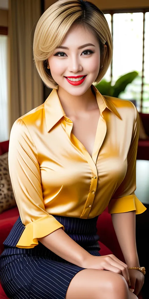 Prompt: Beautiful buxom Japanese woman age 21, intricate facial details, short blonde hair, blue-eyed, light makeup, red lipstick, prominent cheekbones, yellow blouse, khaki pencil skirt with pinstripes, black heels with tassels, buxom figure:2.0, smiling, modern living room, 8K photo, realistic full body shot, detailed features, professional, warm lighting