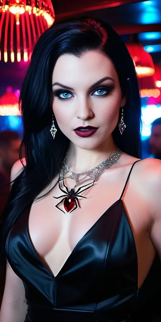 Prompt: Beautiful female vampire, pale white skin, magenta|black hair, luminous blue eyes, intricate diamond face, prominent cheekbones, intense gaze, sinister smile,  buxom figure, black v-front cocktail dress, black boots, ((silver spider pendant with large ruby jewel)), red lipstick, standing in a busy crowded nightclub, 8K photo, highres, detailed, gothic, vampiric, intense eyes, sleek design, professional, dramatic lighting