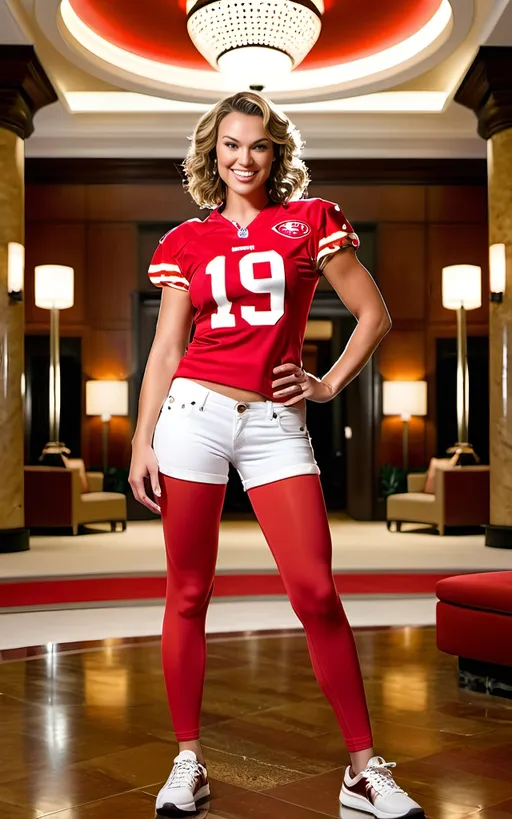 Prompt: Happy Arizona Muse holding a NFL football in a hotel lobby, ((wearing red San Francisco 49ers jersey, white denim shorts, red leggings and white sneakers)), buxom figure, intricate face:2.0, 8k photo, high detail, professional, modern, detailed facial features, professional lighting, vibrant colors, realistic rendering, intricate outfit details, sports fandom, enthusiastic energy