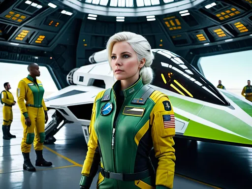 Prompt: Sleek spacefighters being serviced in a massive spaceship hangar, young female officer with white hair giving orders, green and yellow flight suit, futuristic sci-fi, military, 8k ultra-detailed, massive spaceship hangar, sleek design, white hair, young officer, giving orders, green and yellow flight suit, futuristic sci-fi, military, high-tech, advanced technology, bustling ground crew, atmospheric lighting, futuristic setting, spaceship maintenance, detailed machinery, professional atmosphere, highres