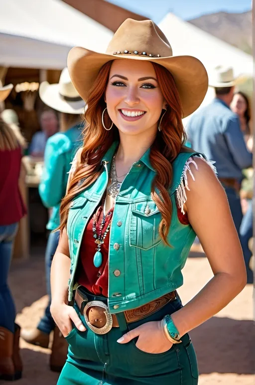 Prompt: attractive olive-skin woman, curvaceous figure, flawless rectangle face, wide-set vibrant green eyes, long chestnut-red hair, arched eyebrows, upturned nose, warm smile, fringed denim-suede vest, chambray shirt, fringed brown leather skirt, cowboy boots & hat, silver & turquoise accessories & jewelry, walking in an outdoor southwestern arts & crafts market, sunny day, high-res, sharp focus, pro photo, adobe architecture, earth tones colors, desert southwest, dynamic pose, fluid motion, woman age 30.