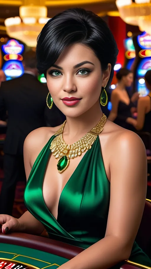 Prompt: Exotic Eurasian femme fatale with short black hair, vibrant green eyes, almandine eyes, intricate facial features, curvaceous physique, wearing an elegant black cocktail dress, adorned with gold jewelry, playing baccarat at a crowded casino table, high-stakes game, 8K resolution, realistic, elegant, detailed, vibrant green eyes, gold jewelry, crowded casino, high-stakes, luxurious, sophisticated, atmospheric lighting