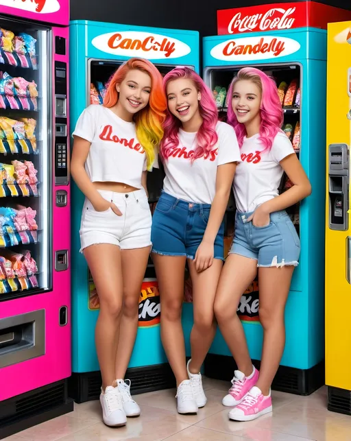 Prompt: Three happy teenage girls, flawless faces, colorful hair, wearing tees denims & sneakers, standing in front of candy vending machine, linoleum floor, high-res, pro photo, pro-lighting, casual pose, realistic, bright colors, detailed features, vibrant, youthful, joyful, casual, modern, detailed hair, street fashion, vibrant colors, urban setting, professional lighting
