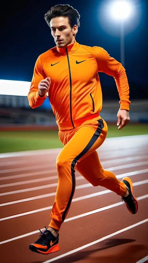 Prompt: Tall athletic man, dark hair, powerfully built, bright orange track suit, red Nike brand track shoes, coming out of starter blocks, sprint race, high detail, high-res photo, fluid movement, professional sports photography, vibrant colors, dynamic action, intense focus, athletic prowess, sprinting, sportswear, competitive spirit, high-quality