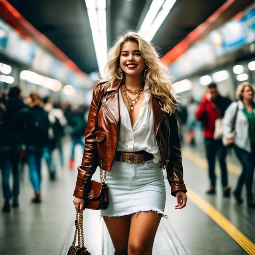 Prompt: <mymodel> beautiful ((bosomy buxom curvy)) woman, age 21, blonde hair, green eyes, ((wearing brown leather jacket white blouse denim skirt white leggings brown boots)), gold necklace and belt, leather purse, walking in a crowded metro station, red lipstick, smiling,  high detail, 8K photo. 