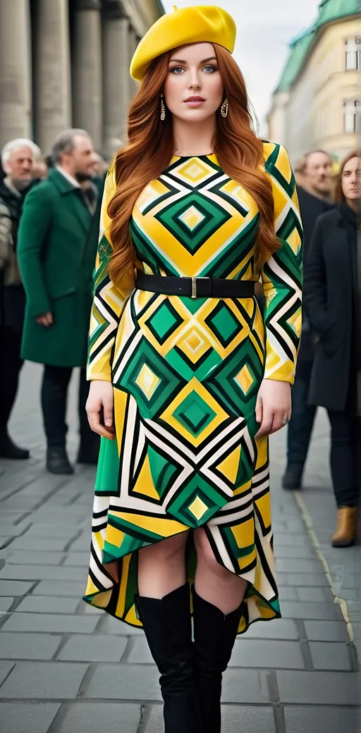 Prompt: Curvaceous elegant model with long auburn hair, green eyes, intricate diamond face, vibrant color bloc geometric asymmetric dress, black boots, yellow beret, standing in a crowded Berlin plaza, high-res, fashion photography, high detail, daylight, sharp focus