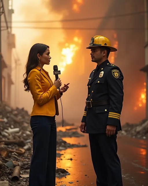 Prompt: Photorealistic image of a beautiful female TV news reporter in a stylish yellow jacket and navy slacks, holding a microphone, articulately interviewing a brave fire chief in full uniform. Eerie smoke and haze merge with the chaos of burning buildings in the background, intensifying the scene. Captured in 8K resolution, ultra-detailed, the image exudes a high-quality cinematic vibe, emphasizing the gravity of the situation and showcasing the professionalism of the characters involved.