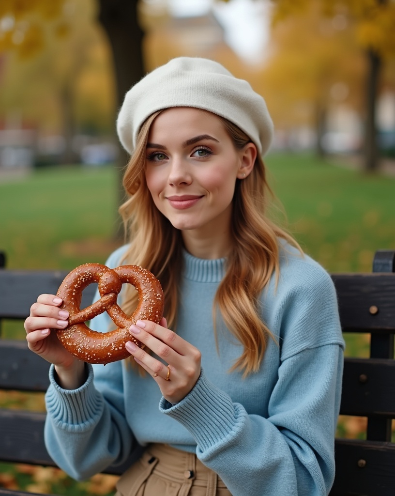 Prompt: Candid photo of a striking beautiful woman, age 21, (green eyes), (cinnamon-blonde hair), (arched eyebrows), (gorgeous diamond face), wearing a (sky-blue sweater) and (white beret), (khaki skirt) suede boots, sitting on a park bench eating a large soft pretzel, (ultra-detailed), (8k), soft natural lighting, (bright and cheerful ambiance), elegant Fall background blurred softly.