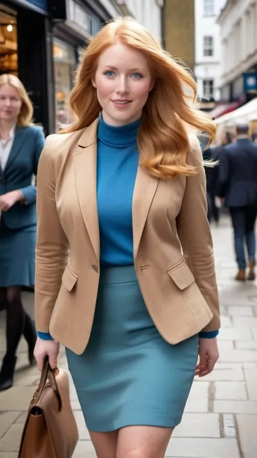 Prompt: Beautiful elegant woman walking in a London high street, shoulder length strawberry blonde hair, blue eyes, light brown blazer, khaki skirt, light blue blouse, brown boots, curvaceous figure, brown beret, crowded public market, daylight, high-res, professional photo, elegant, London, vibrant colors, detailed features, bustling atmosphere
