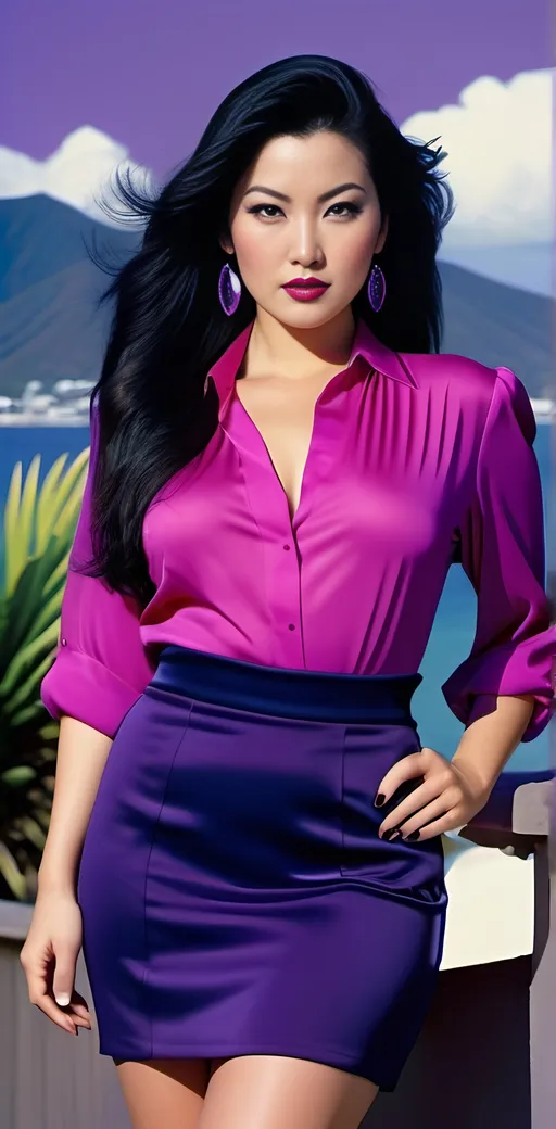 Prompt: Photograph of a curvaceous Japanese woman, natural skin, long black hair, violet eyes, magenta blouse, midnight blue mini skirt, navy pumps, detailed face, Patrick Nagel style, high-res, professional photo, natural buxom physique, Fujifilm color, detailed features, stylish attire, elegant pose, 80s retro, realistic lighting, tropical background