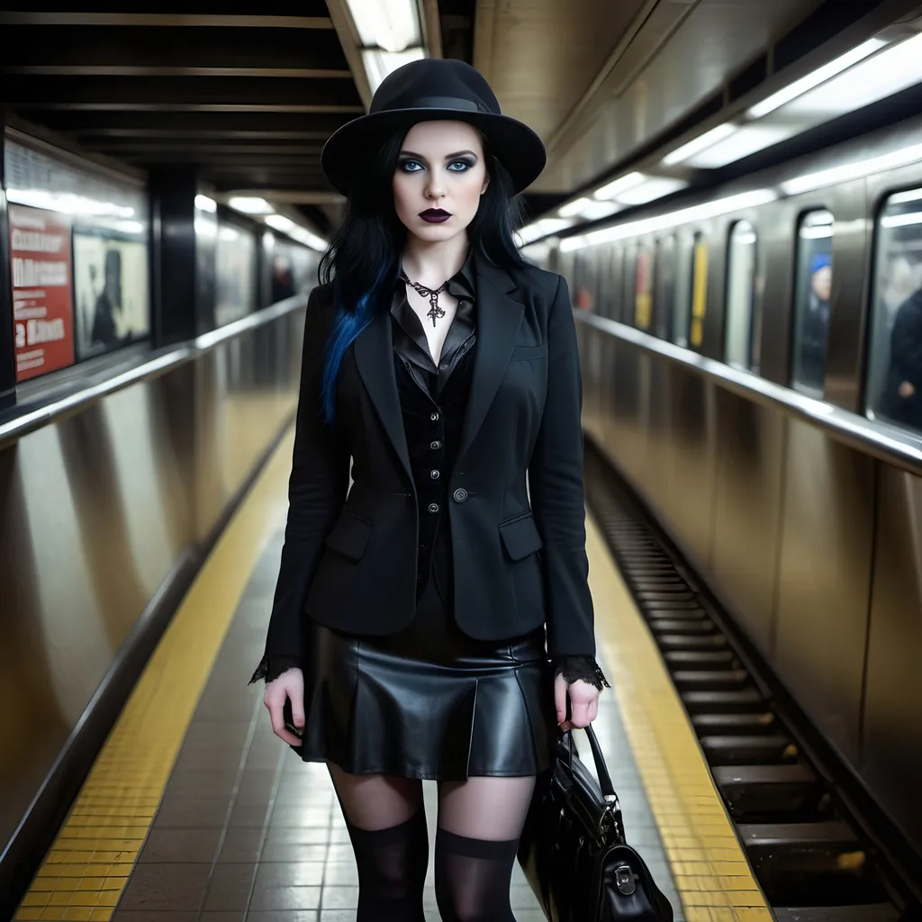 Prompt: Beautiful woman, pale skin, black hair, blue eyes, gothic makeup, standing in crowded subway station entrance, black blazer, black blouse, black miniskirt, black hosiery, black Prada boots, black fedora, shadowy setting, 8k photo, high detail, gothic style, intense gaze, dramatic lighting