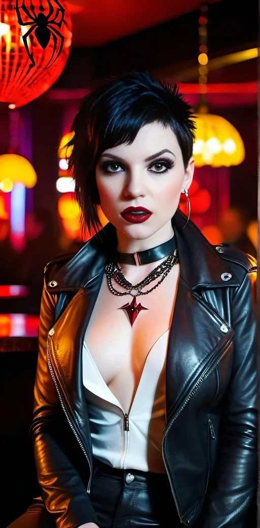 Prompt: Beautiful vampire woman, (age 21), pale white skin, short spiky red|black hair, vibrant yellow eyes, intricate angular face, prominent cheekbones, intense gaze, opulent, white leather jacket, no blouse, white leather slacks & boots, ((necklace with black widow spider ruby pendant)), red lipstick, sitting on a barstool in a busy crowded nightclub, 8K photo, highres, detailed, gothic, vampiric, intense eyes, sleek design, professional, dramatic lighting