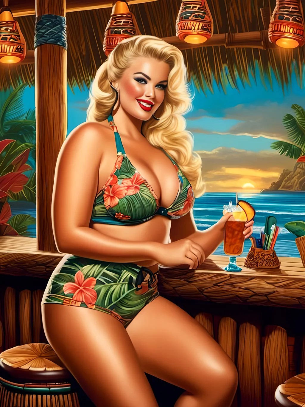 Prompt: <mymodel>Photorealistic profile view of a beautiful buxom woman, blonde hair, outdoors at a Tiki Bar, wearing a detailed tropical print swimsuit and leather sandals, intricately detailed face, pale skin, fat physique, pin-up style pose, modern lighting, highly detailed, tiki theme, intricately carved tikis, 8k photo