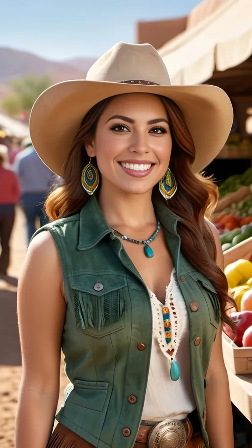 Prompt: photorealistic beautiful hispanic woman shopping an outdoor market, **curvaceous figure**, **long auburn hair**, **green eyes**, **flawless face**, **warm smile**, wearing (fringe detail suede vest), (chambray shirt), (brown fringe skirt), (cowboy boots & hat), in a desert southwest locale, (warm light), background filled with market stalls and vibrant produce, sunny atmosphere, high depth of field, ultra-detailed, high-res, professional photo, award-winning quality.