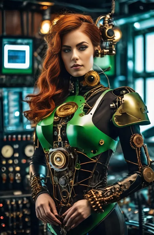 Prompt: 8K photo, cinematic, retro sci-fi, steampunk robot|cyborg woman with ((human head and mechanical robot body)), machine arms with exposed wires and gears, electric heart, beautiful face, green eyes, auburn hair, clockwork gears, brass, glass, wires, top hat, standing in a steampunk control room, gauges, buttons, levers, high detail.