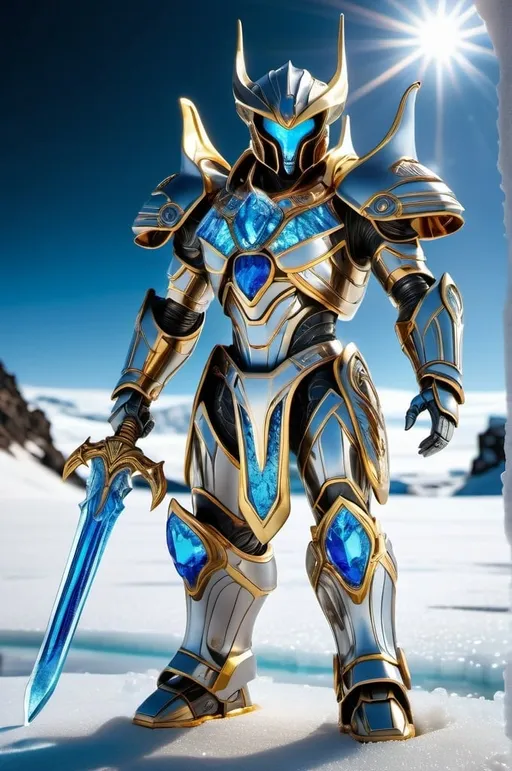 Prompt: Alien robot ice warrior made of stained glass and silver alloy, gleaming blue sword with fiery tip, glacial ice world with ice crystals and lava rock, cinematic, high-res, sci-fi, photo, glowing gold eyes, intricate design, futuristic armor, majestic presence, otherworldly landscape, detailed reflections, metallic sheen, intense atmosphere, cinematic lighting, epic proportions, silver and gold tones, majestic pose