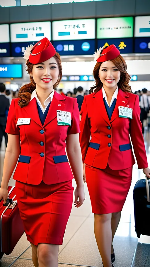 Prompt: Two beautiful Japanese flight attendants, auburn hair, hazel eyes, bright red uniforms, intricate round faces, buxom curvy figures, crowded Tokyo airport, bustling scene, 8k photo, professional advertising photography,  detailed background, vibrant colors, busy atmosphere, realistic, Japanese, modern surroundings, high quality, bustling, detailed faces, detailed curvy physique, natural full-figure, vibrant red, Tokyo airport, professional, realistic lighting