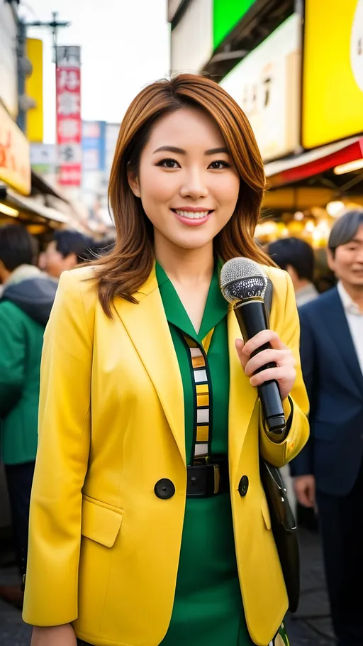 Prompt: Beautiful statuesque Japanese TV reporter with chestnut hair, hazel eyes, square golden-ratio face, Yellow gabardine blazer, green & yellow geo print dress, black boots, smiling, holding microphone, deep focus, Ameyoko Market Tokyo in the background, 8K photo, detailed facial features, realistic, professional, bosomy, vibrant colors, journalistic, atmospheric lighting