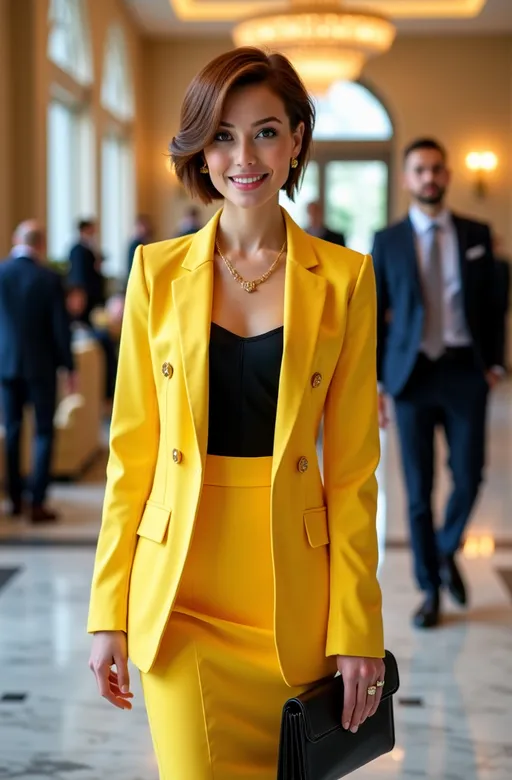 Prompt: Fashion photo, Strikingly beautiful curvy young woman, (piercing blue eyes), (chic chestnut shag cut short hair), (modest gold jewels), (stylish lemon yellow suit-skirt combo), black camisole, (black pumps), black clutch purse, standing in a busy luxe hotel lobby, elegant ambiance, (highly detailed), (vibrant lighting), 8K resolution, photorealistic quality, sophisticated surroundings, plush furnishings, polished marble floor, modern architecture, opulent decor, (dramatic warmth).