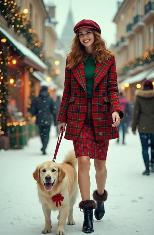 Prompt: Tall (Beautiful fashion model with green eyes & cinnamon hair), stylish (red & green plaid) tartan wool coat with shearling trim, (short red & black pencil skirt and beret), vibrant green blouse, fashionable black leather boots (with fur trim), emphasizing her (curvy bosomy physique), joyfully walking her adorable English White golden retriever dog, dog is wearing a cute red ribbon, snow covered high street elaborately adorned with extensive (festive decorations & holiday lights), bright clear day, mood: happy & joyful, (cheerful holiday spirit), (highly detailed), reminiscent of a 1980s vintage Christmas postcard, (8K), (photorealistic), (professional quality photo).