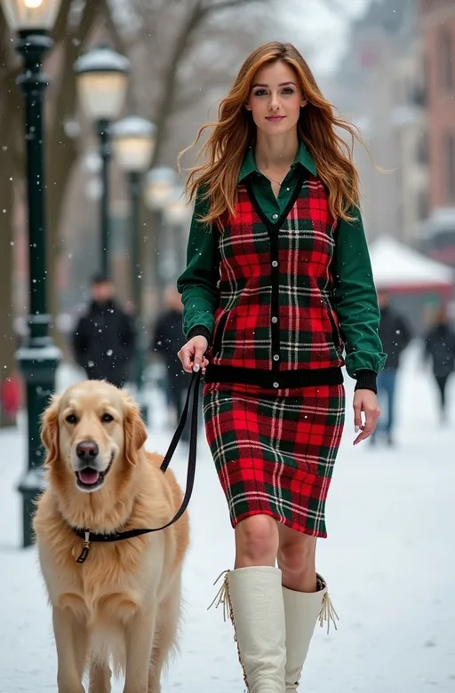 Prompt: Beautiful woman with green eyes & cinnamon hair, red & green plaid tartan sweater vest & matching pencil skirt, green blouse, white leather boots with white fur trim, walking her golden retriever dog, snowy high street scene, high detail & quality, bright day, 8k, pro photo, Christmas Holiday postcard.