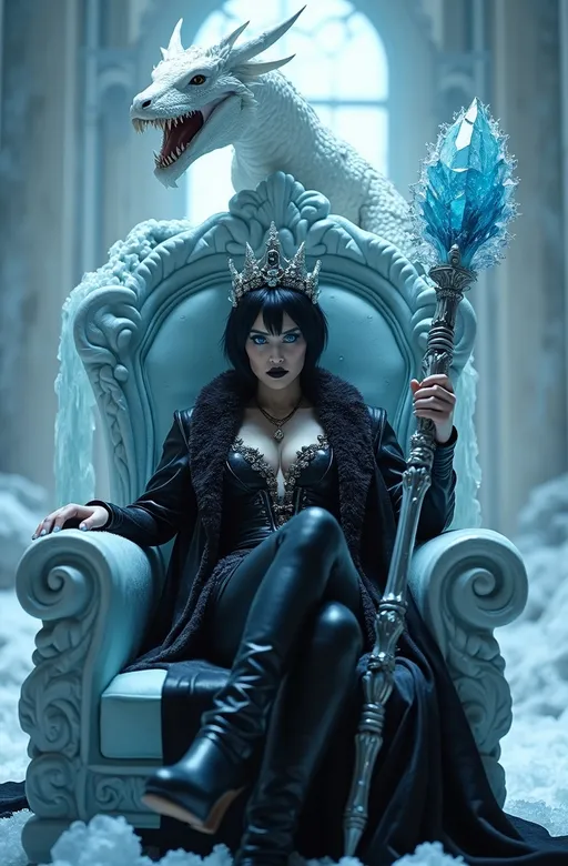 Prompt: Cinematic photo of Mab, Queen of Winter & Darkness, (high detail, 8k), sitting in an ornate ice throne room, striking (dark blue eyes), beautiful rectangle face, (pale white skin), short black hair with blue highlights, (curvy figure, long legs), stunning outfit: black leather dress, black fashion boots, adorned with obsidian jewels, dramatic dark makeup, wearing a crown of blue ice crystals, holding a long icicle scepter with silver lacework, (fierce white Ice Dragon perched atop her throne baring its fangs), (bright light) illuminating the scene, (ultra-quality, photorealistic) style, evoking a powerful and captivating atmosphere in a frost-covered realm.