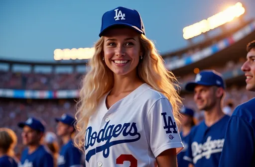 Prompt: (photorealistic) Beautiful young Los Angeles Dodgers Ball Girl, in stylish uniform, at Dodger Stadium, (under bright field lights), long flowing blonde hair, (happy expression), surrounded by cheering crowded stadium, evening ambiance, vibrant blue and white colors reflecting team spirit, capturing the excitement of the game, high-quality detail, pro photo, dynamic scene.