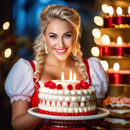 Prompt: 8K photo, stunning gorgeous beautiful ((bosomy full-figured)) German woman, age 25, blonde hair, blue eyes, red & white dirndl, intricate face, smiling, holding ((huge multi-tiered birthday cake with a single candle)) in a bakery, high detail, studio light