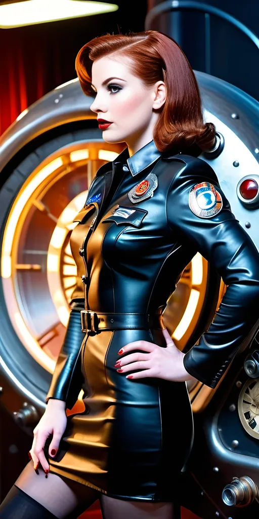 Prompt: Profile view of a beautiful Time Patrol Officer, auburn hair, pale skin, 25 years old, wearing a very short black leather minidress, tights, and black boots with official insignia and badges of rank, examining a 1950s metal Time Machine, highly detailed scene, 8k photo, retro-futuristic-sci-fi, detailed facial features, sleek design, professional, atmospheric lighting, pale skin, auburn hair, time patrol officer, 1950s sci-fi, detailed scene, sleek design, professional, 8k photo, black leather minidress, time machine, intricate