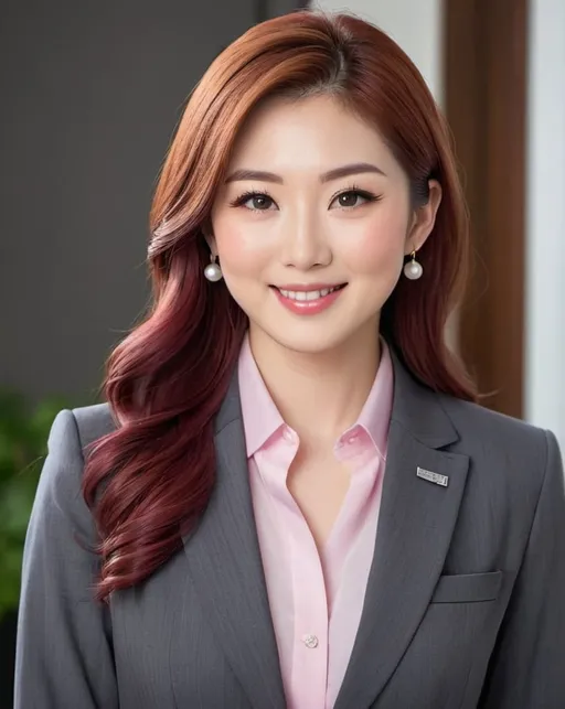 Prompt: Head to waist professional profile, beautiful Japanese woman age 25, long thick strawberry hair, pale gray eyes, square shaped face, petite nose, professional makeup, high quality, detailed, realistic, profile, elegant pinstriped maroon suit, pink blouse, comely expression, curvaceous physique, professional lighting, high-res, simple pearl earrings, subtle smile, shoulders angled away from camera, head tilted to one side, head to waist composition