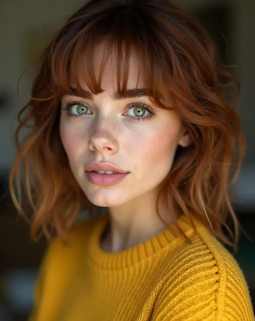 Prompt: Photo portrait of a striking beautiful woman (age 21), upturned round green eyes, cinnamon shag cut hair, arched brown eyebrows, high cheekbones, snub nose, cupid's bow mouth, subtle smile, smooth prominent chin, chubby, yellow sweater, high detail & quality, 8k.