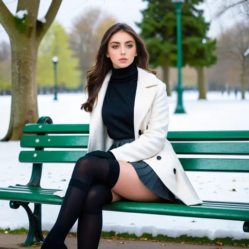 Prompt: Tall green-eyed Brunette Girl age 15, sitting on a park bench with her legs crossed, pensive expression, wearing a short black skirt, a black turtleneck sweater, black knee socks, a white wool coat, bare thighs, snowy outdoor scene, 8K photo, daylight