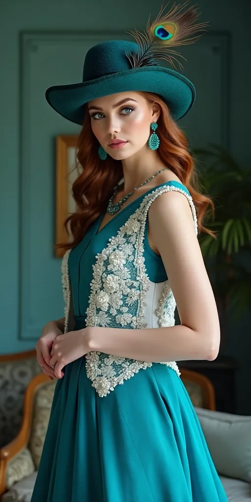 Prompt: Delicately Beautiful tall elegant sophisticated woman with chestnut hair, gorgeous face with striking blue eyes, elegantly shaped arched brows, and a delightful upturned nose. Chic hat Adorned with a vibrant peacock feather, bold smoky makeup with teal eyeliner. Curves layered in an eye-catching peacock blue blouse, complemented by a beaded white vest, adorned with sapphire & emerald jewels. She's wearing a flowing turquoise skirt and chic teal shoes, curvy buxom figure. Gracefully standing in an exquisitely designed elegant teal living room, capturing high detail & quality, 8k, professional photo finish.