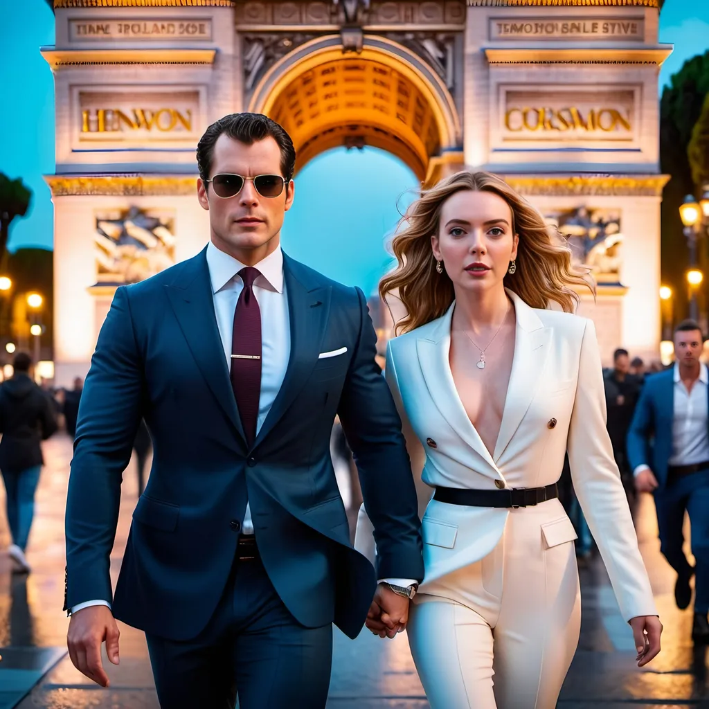 Prompt: Cinematic 8k photo of Henry Cavill and Jodie Comer, modern casual fashion, crowded scene, Arc de Triomphe in the background, James Bond style, Hollywood action, thriller, intense running, detailed facial features, high-quality, action thriller, modern fashion, crowded setting, cinematic lighting, 8k resolution, Arc de Triomphe, detailed expressions, professional photography, Hollywood, intense atmosphere