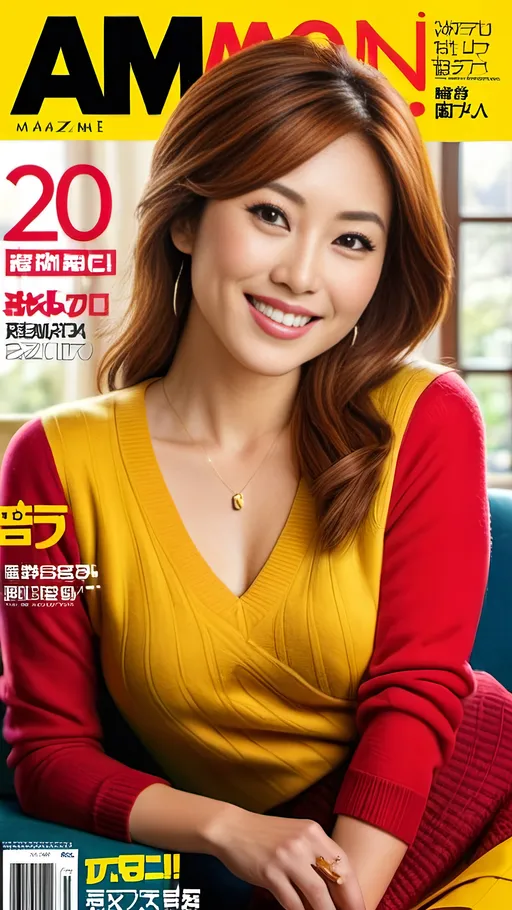 Prompt: Beautiful, Japanese woman ((on "AM" magazine cover)), 8K, hazel-eyed, auburn hair, intricate oval golden-ratio face, smiling, cozy living room setting, red sweater, yellow pencil skirt, high heels, plump:2.0, bosomy:2.0, cleavage emphasis, professional, detailed, vibrant colors, realistic, high quality