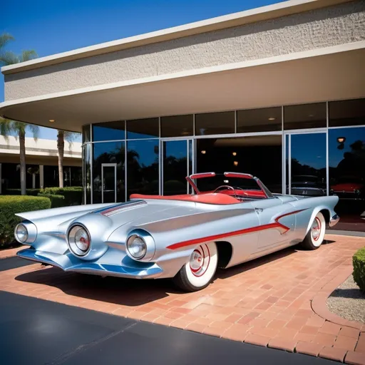Prompt: retro-futuristic Ford Fireball turbine powered car, 1960s, silver red & blue metallic, two-door, bubble canopy, tail fins, whitewall tires, parked under the porte cochere of a fancy high-end club, daylight, high-res, professional photo, retro-futuristic, metallic sheen, vintage design, luxury club, classic car, detailed reflections, sleek lines, upscale, daylight, vibrant colors, colorful landscaping, paver driveway
