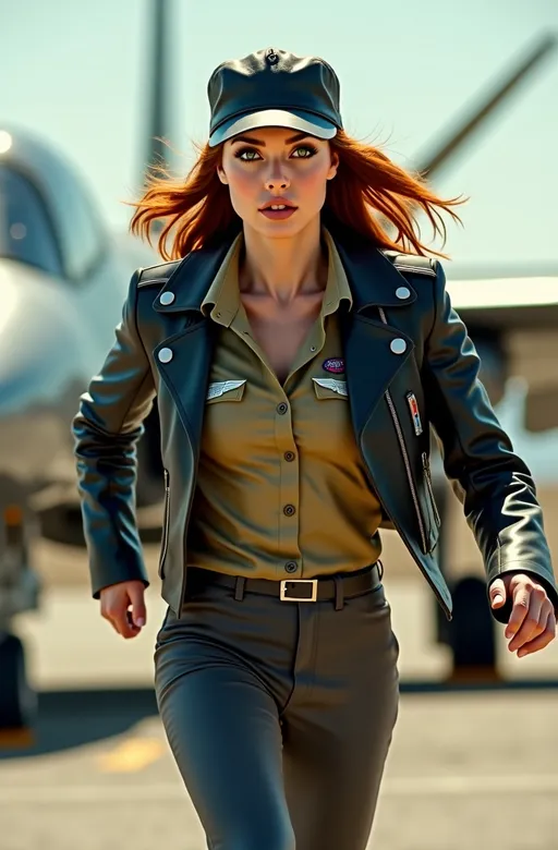 Prompt: photorealistic, (vintage retro futuristic), beautiful woman with (green eyes), auburn hair, stylish black leather jacket, leather cap, elegant dark gray slacks, khaki blouse with (silver wings insignia) and military patches, spiritedly running to a sleek sci-fi fighter plane, vibrant cinematic atmosphere, (high detail & quality), 8k resolution, well-lit scene, professional photographic quality.