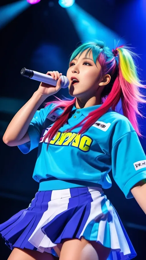 Prompt: Japanese pop idols performing on stage, colorful hair, vibrant tennis outfits, energetic atmosphere, 8k photo, modern professional photography, vibrant colors, dynamic lighting, detailed stage design, group performance, high energy, professional, ultra-detailed, colorful hair, vibrant outfits, stage performance, energetic atmosphere, 8k photo, dynamic lighting, detailed stage design