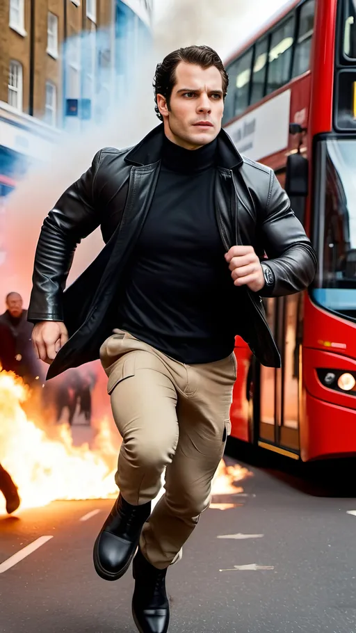 Prompt: Henry Cavill in black leather jacket, white turtleneck, khaki pants, black boots, holding MP5 machine gun, running across a crowded plaza, burning red London bus in the background, 8k photo, action movie, realistic, high definition, intense lighting, urban setting, detailed facial features, professional photography