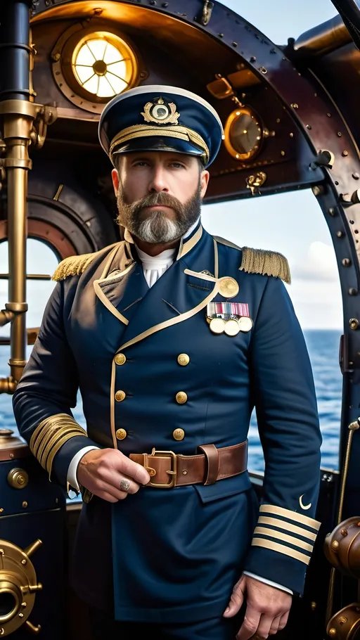 Prompt: Dark-haired, 40-year-old man with a beard, wearing a navy blue captain's uniform with gold trim and white cap, standing in the outdoor conning tower of a steampunk submarine, brass, pipes, cables, colored glass, 8k photo, steampunk, detailed, atmospheric lighting, outdoor, professional, highres, brass details, nautical, vintage, intense gaze, captain, sleek design, aged metal, industrial, cool tones