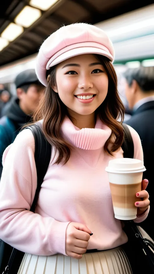 Prompt: Cute plump cuddly young Japanese woman, flat cap, pink sweater, white pleated skirt, black boots, intricate round face, smiling, standing in a crowded Tokyo train station, drinking a latte, 8k photo, realistic, crowded urban setting, detailed facial features, full curvy figure, cozy pastel tones, busy urban lighting