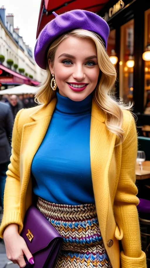 Prompt: Beautiful curvaceous blonde French woman, intricate diamond face, ice-blue eyes, upturned nose, gold earrings, light makeup, almond eyes, dark eyebrows, prominent cheekbones, yellow turtleneck sweater, herringbone tweed blue & purple mini-skirt, purple beret, pleasantly plump, smiling, standing in a crowded Paris Bistro, 8K photo, realistic, detailed fabric texture, classy, detailed face, chic fashion, Parisian vibe, bustling urban setting, elegant lighting, modern, high quality