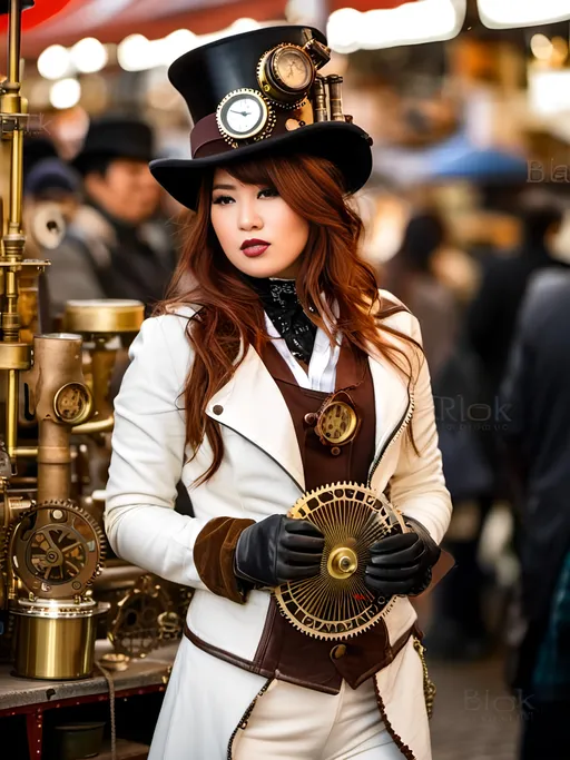 Prompt: <mymodel> sophisticated elegant steampunk Japanese woman, age 21, brass leather gears wires tubes, auburn hair, victorian leather jacket & top hat, white sweater, linen slacks & leather boots, perfect face, holding a brass & clockwork Rube Goldberg device, standing in a crowded Ginza market, 8K photo, high detail, daylight.