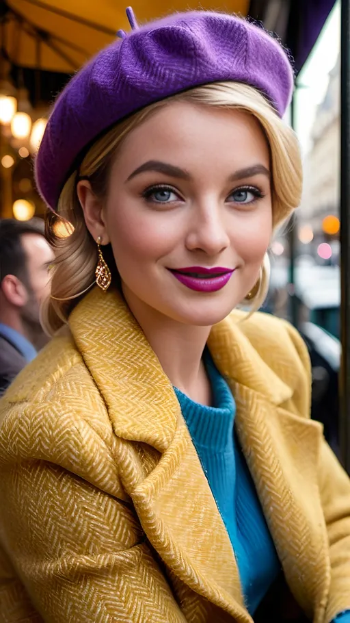 Prompt: Beautiful curvaceous blonde French woman, intricate diamond face, ice-blue eyes, petite upturned nose, gold earrings, light makeup, almond eyes, dark eyebrows, prominent cheekbones, yellow tweed jacket, blue sweater, herringbone tweed blue & purple mini-skirt, purple beret, pleasantly plump, smiling, sitting in a crowded Paris Bistro, 8K photo, realistic, detailed fabric texture, classy, detailed face, chic fashion, Parisian vibe, bustling urban setting, elegant lighting, modern, high quality