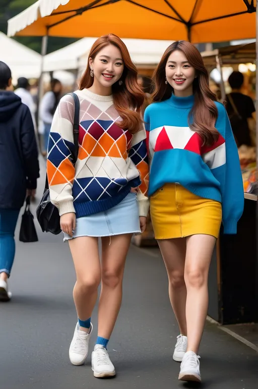 Prompt: Two curvaceous Japanese models in geometric color-blocked sweaters, denim miniskirts, and sneakers, walking in an open air flea market in Tokyo, high-res photo, bright and vibrant, street fashion, modern, detailed diamond faces, long thick auburn hair, smiling, shapely legs, bosomy, youthful energy, colorful outfits, joyful expressions, urban setting, trendy, sunny day, vibrant colors, dynamic composition, detailed clothing, modern street style, high quality, sharply focused faces, energetic, bustling atmosphere