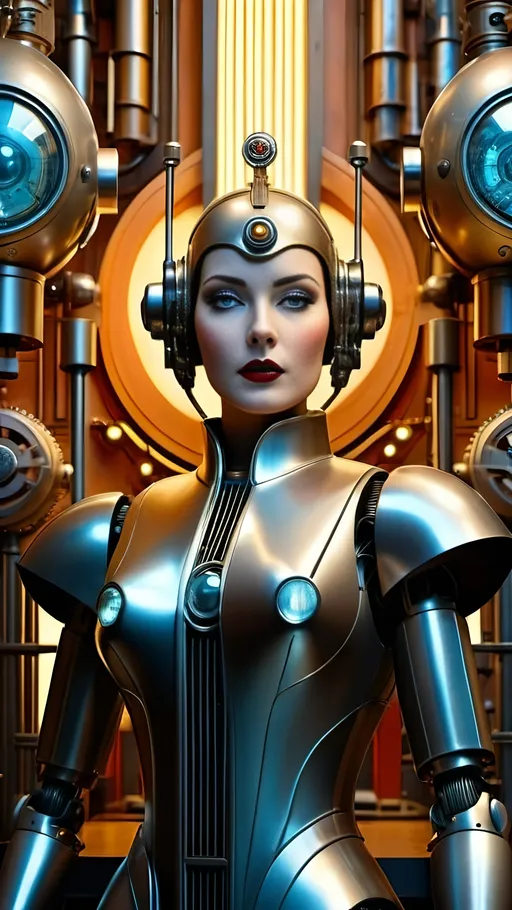 Prompt: retro-futuristic female robot in the style of Fritz Lang's Metropolis, beautiful realistic face, detailed metallic textures, high quality, vintage sci-fi, standing in a Rube Goldberg inspired laboratory filled with elaborate mechanical devices, dramatic lighting, retro-futuristic architecture, elegant and sleek design, art deco influences