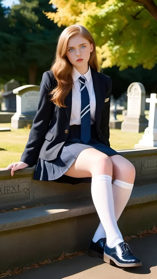 Prompt: Tall, attractive chestnut haired schoolgirl with blue eyes, in black blazer & navy tie, sitting on a stone bench in a cemetery, summer scene, ankle-length white socks, black shoes, very short navy pencil skirt, very long shapely legs, pale skin, beautiful golden-ratio face, pouting, full curvaceous physique, high quality, 8k photo, warm lighting, summer colors, schoolgirl fashion, detailed features, cemetery setting