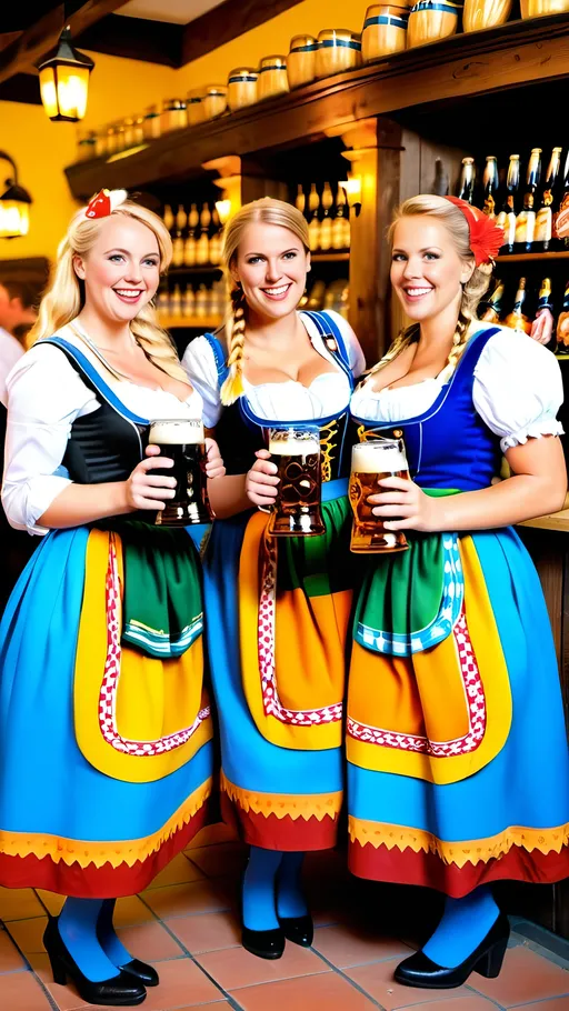 Prompt: Bavarian beer hall scene with three tall buxom curvy German women, intricate square face, blue eyes, long blonde side tail hair, colorful dirndl uniform, black shoes, carrying trays filled with steins of beer and pretzels, happy joyous, 8k photo, traditional, detailed, vibrant colors, joyful expression, realistic, high quality, detailed hair, attractive design, professional lighting, traditional attire