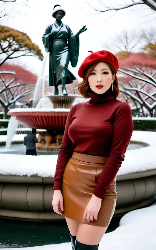 Prompt: 8k photo of a beautiful sophisticated Japanese woman, short auburn hair, hazel-eyed, upturned nose, natural makeup, buxom bosomy, rust red turtleneck sweater & beret, khaki leather miniskirt, Prada boots, standing in a crowded & snowy Tokyo park with a huge fountain in the background, detailed features, realistic, highres, sophisticated, elegant, natural lighting, vibrant colors, realistic curvy physique, modern fashion, trendy, editorial fashion photography, magazine cover style, snowy winter scene