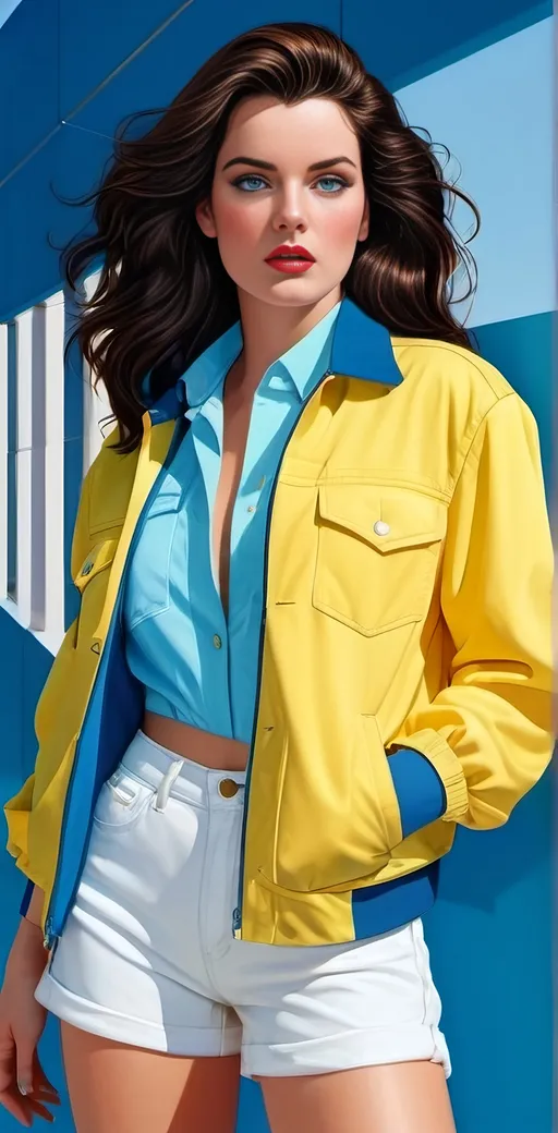 Prompt: Woman with long brunette hair and blue eyes, light blue jacket with sleeves rolled up, yellow blouse, white denim shorts, white sneakers, detailed square face, Patrick Nagel style, highres, digital render, detailed eyes, professional, atmospheric lighting, fashionable, 80s retro, vibrant colors